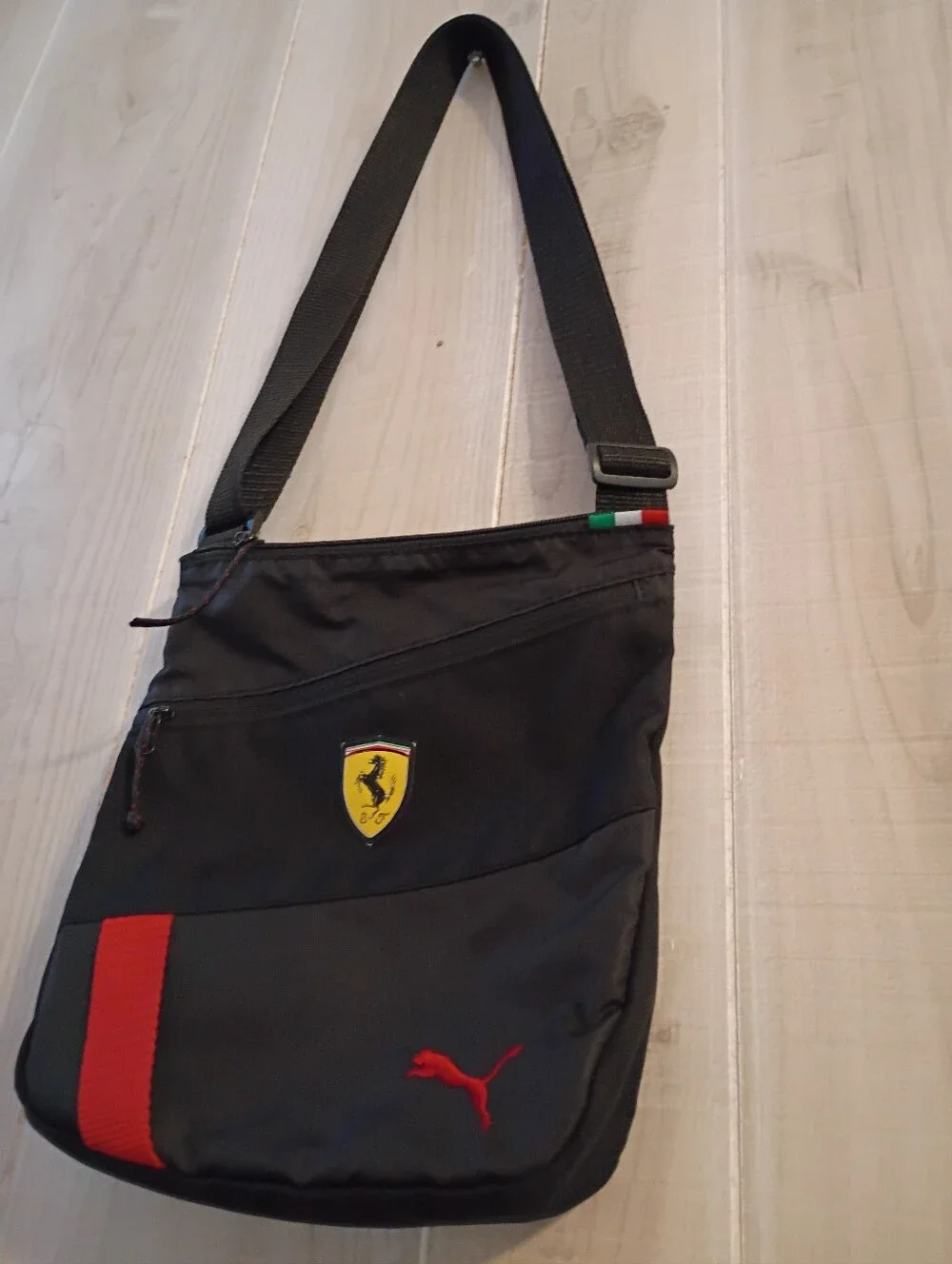 PUMA Scuderia Ferrari Adjustable Crossbody Black Shoulder Bag with Red Accents